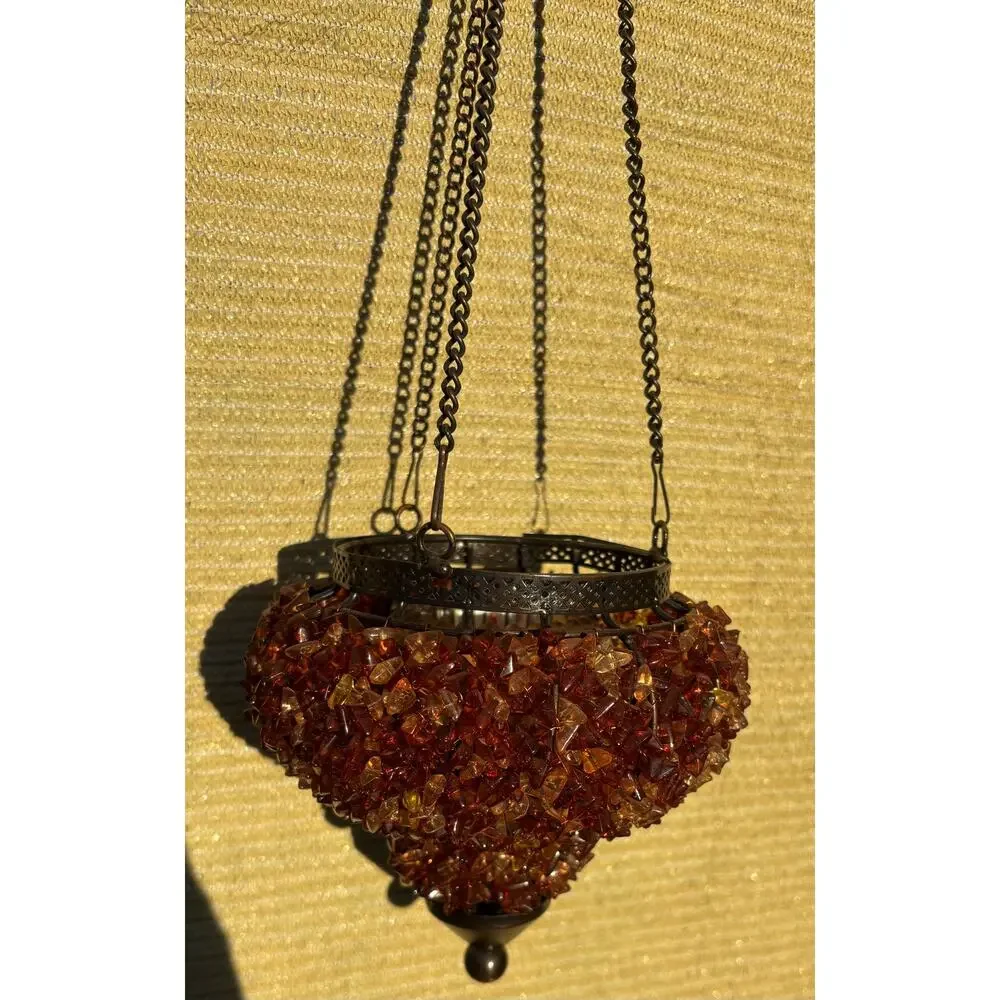Vintage Hanging TeaLight Candle Holder Amber Glass Beads Metal Frame NOS New